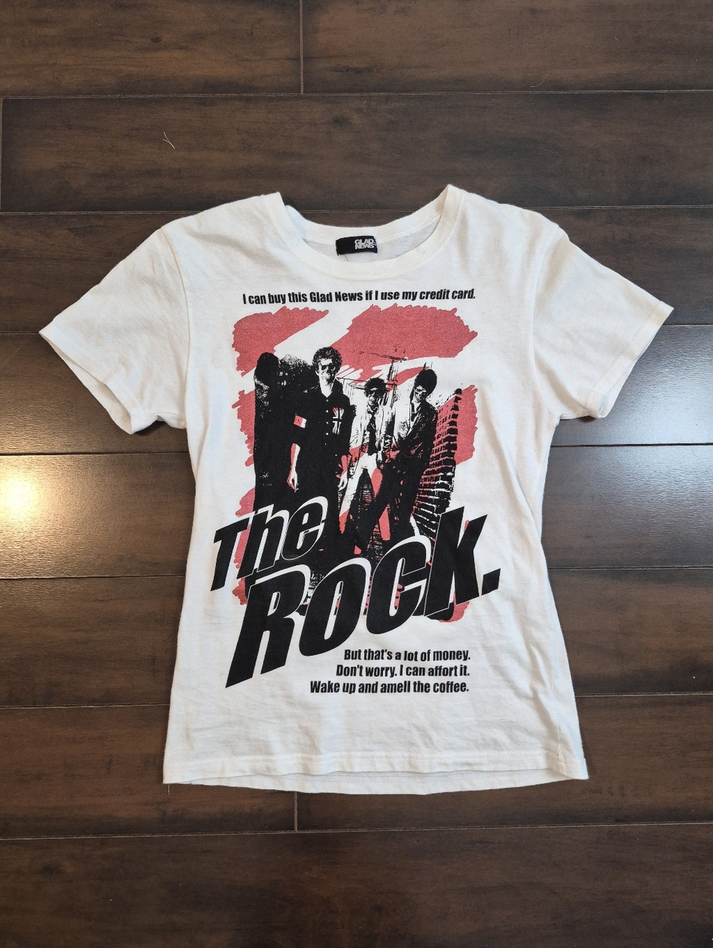 J Fashion Glad News 'The Rock' White Band Tee with Red & Black Print Size Small